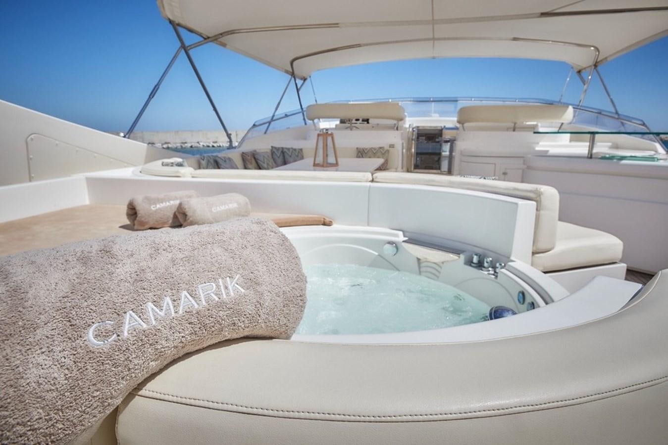 a boat with a person's feet on the deck aboard CAMARIK Yacht for Sale