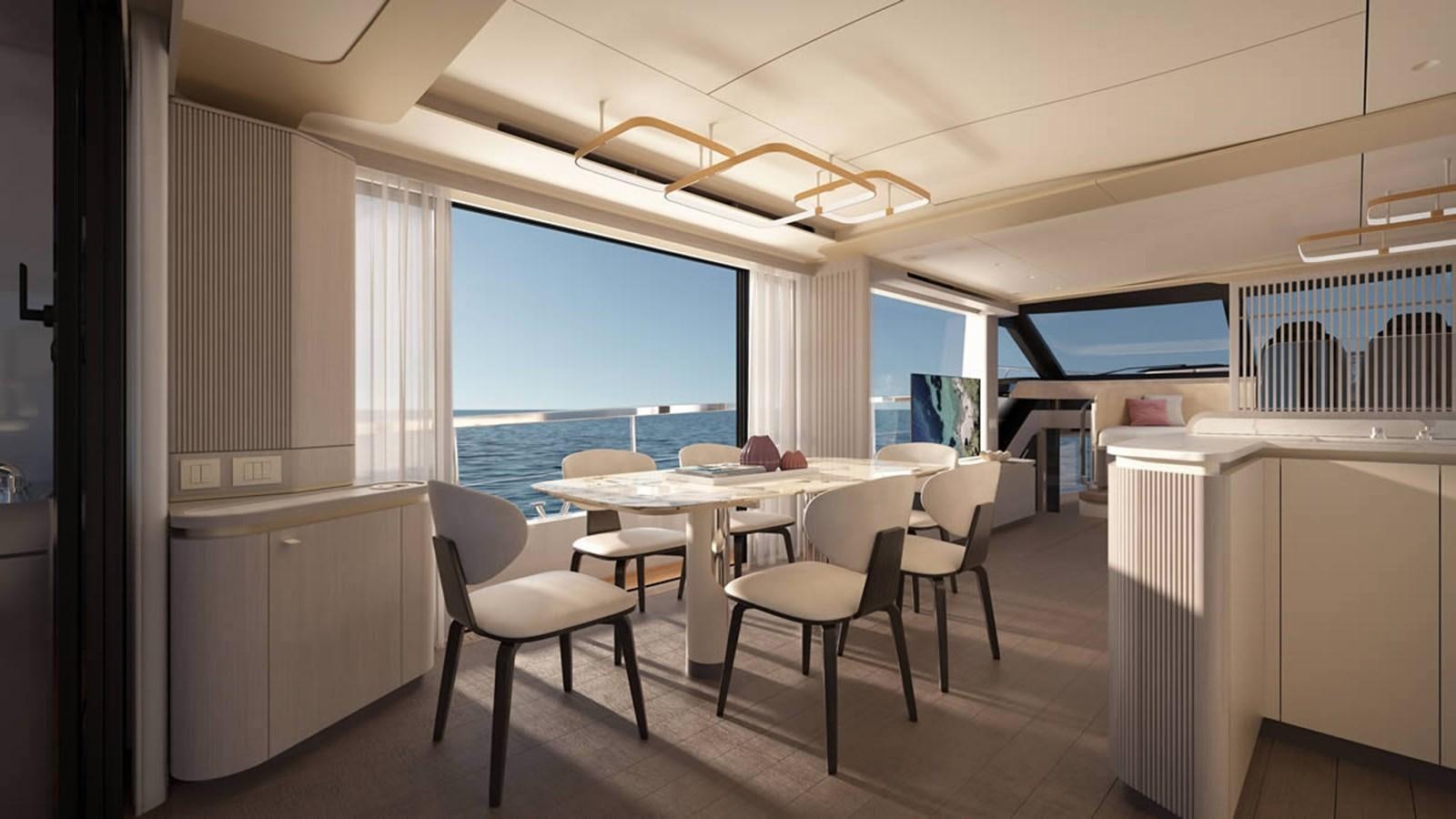 a room with a table and chairs aboard 2026 ABSOLUTE 70 FLY Yacht for Sale