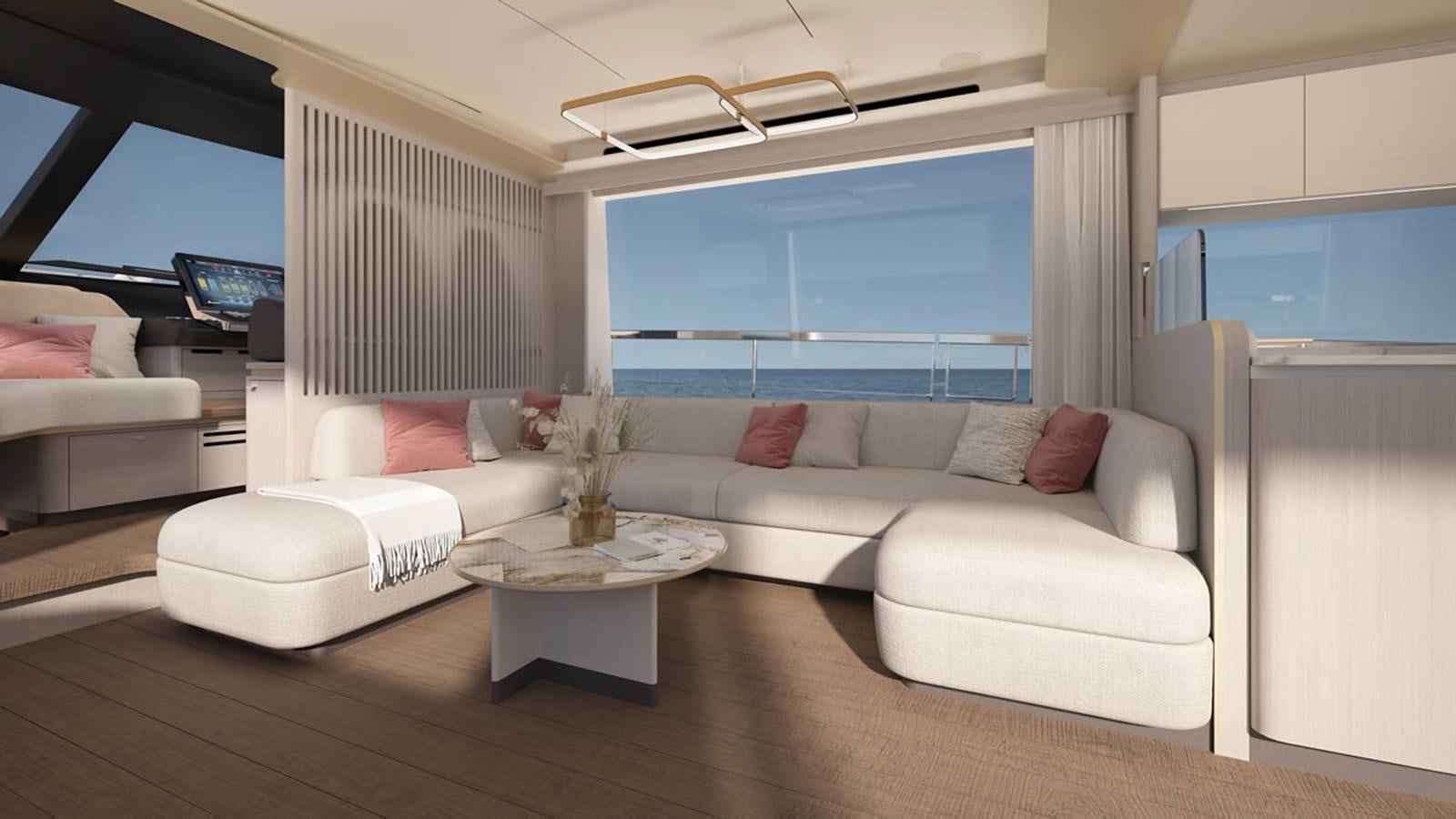 a living room with a large window aboard 2026 ABSOLUTE 70 FLY Yacht for Sale
