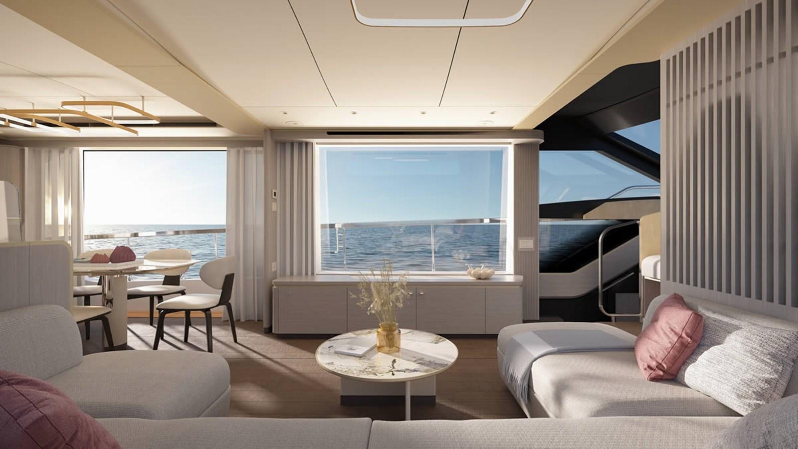 a living room with a large window aboard 2026 ABSOLUTE 70 FLY Yacht for Sale
