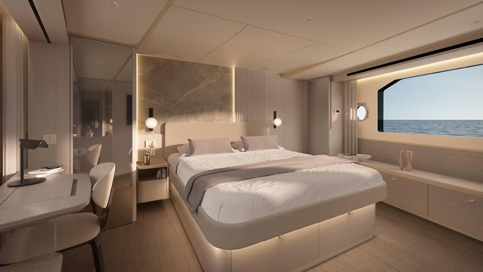 a room with a bed and a window aboard 2026 ABSOLUTE 70 FLY Yacht for Sale
