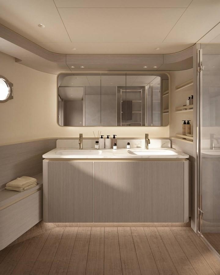 a bathroom with a sink and a mirror aboard 2026 ABSOLUTE 70 FLY Yacht for Sale