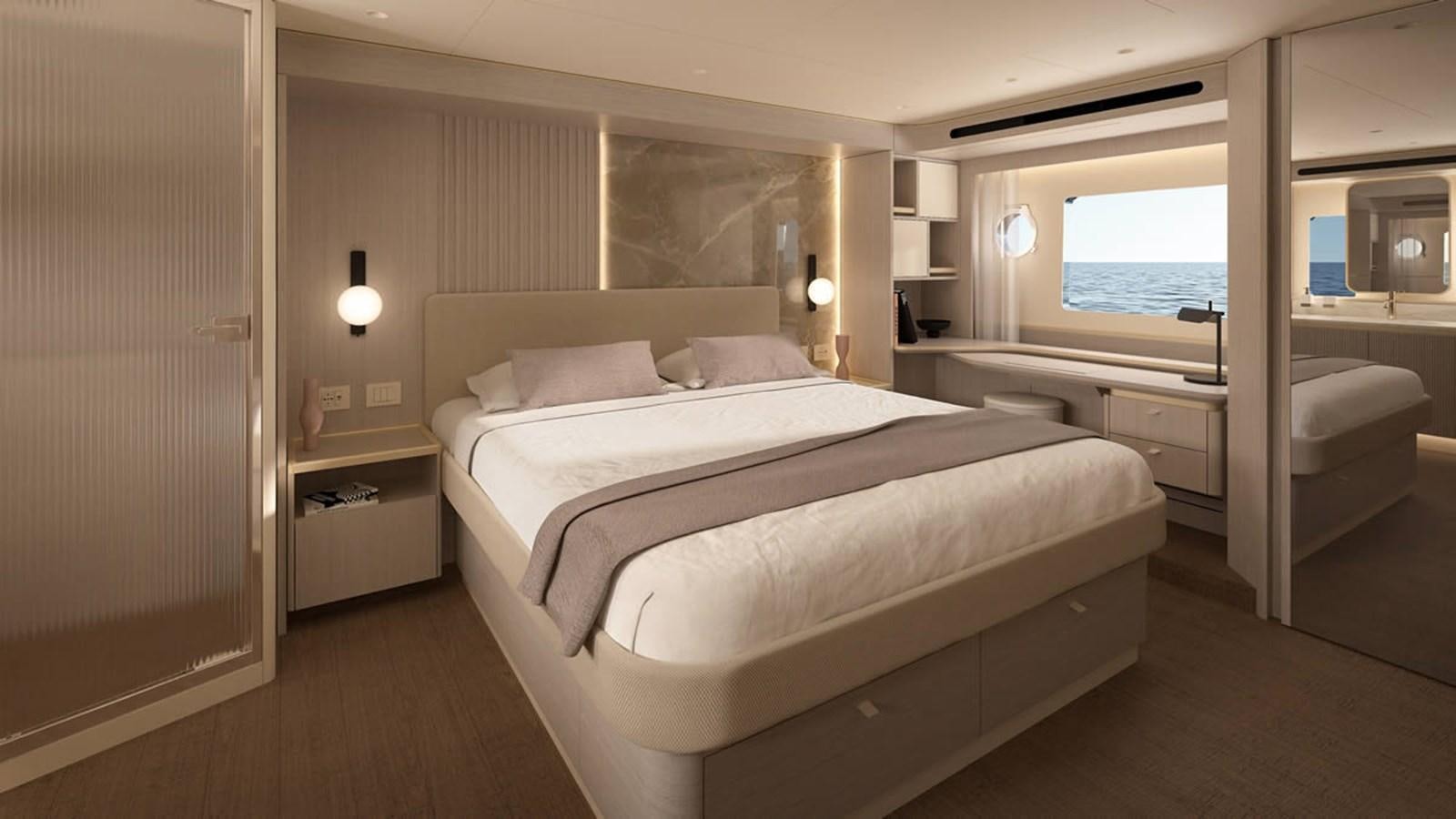 a room with a bed and a window aboard 2026 ABSOLUTE 70 FLY Yacht for Sale