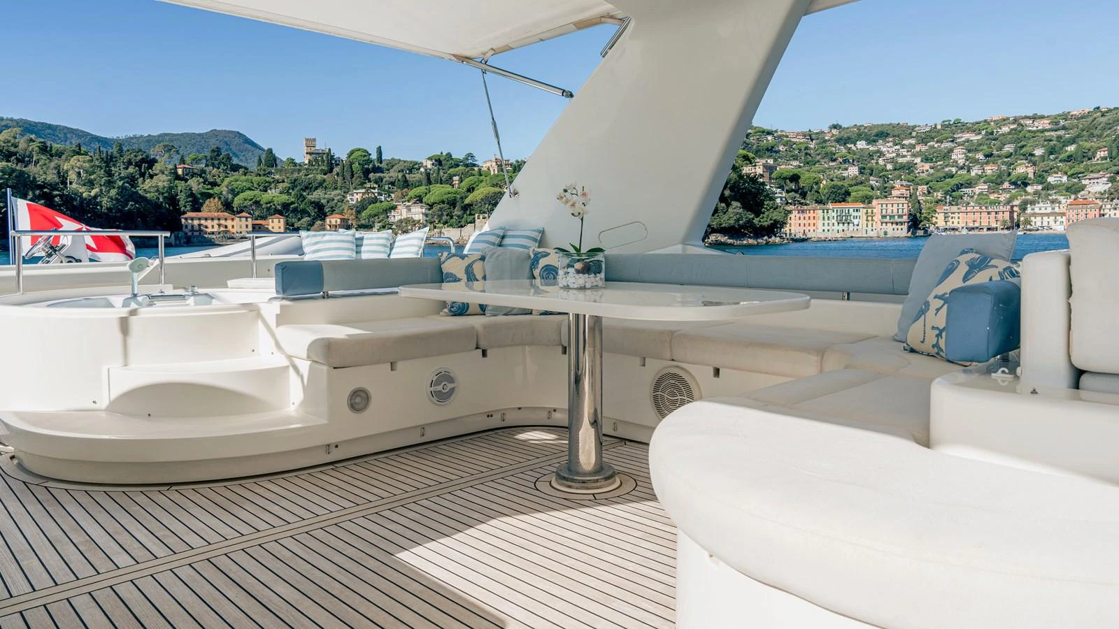a room with a large white table and chairs and a view of a city aboard LADY HELENA Yacht for Sale