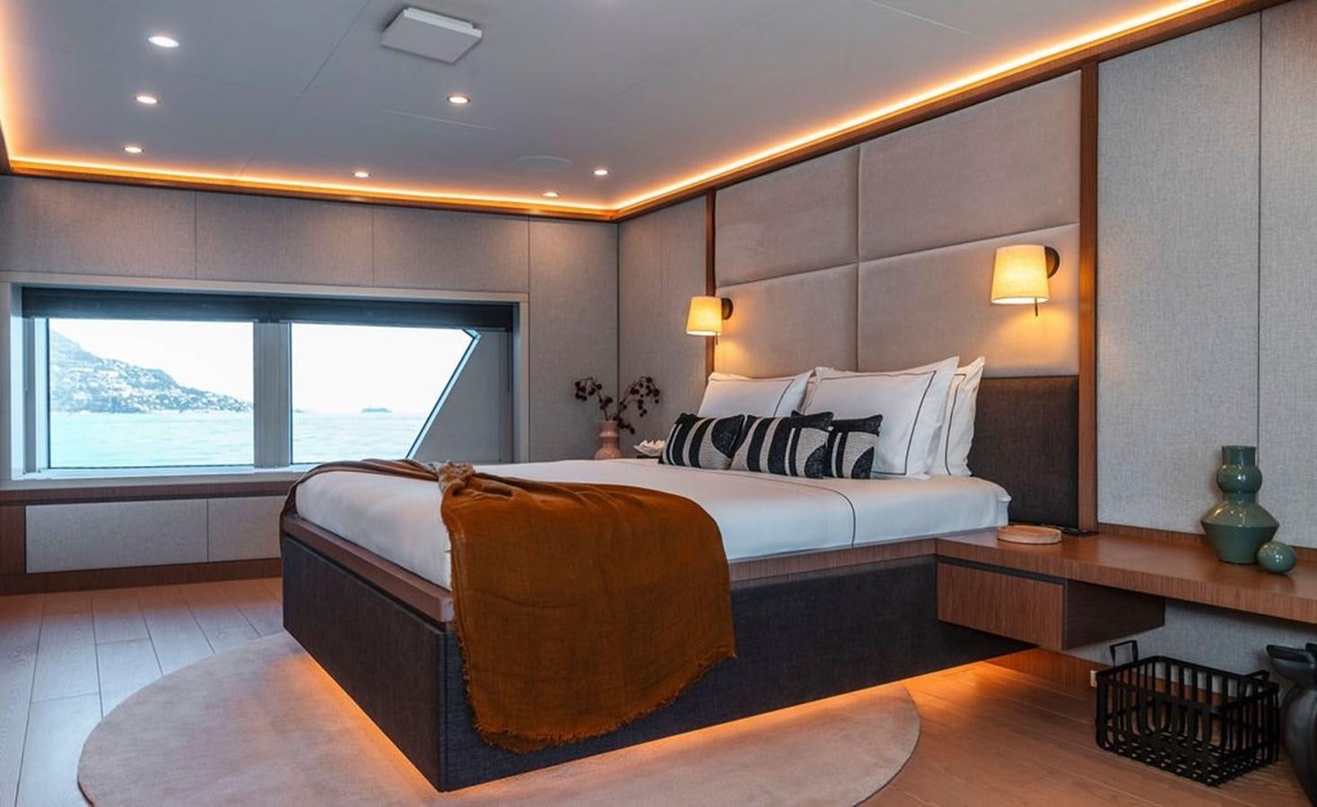 a large bed in a room aboard INFINITY NINE Yacht for Sale