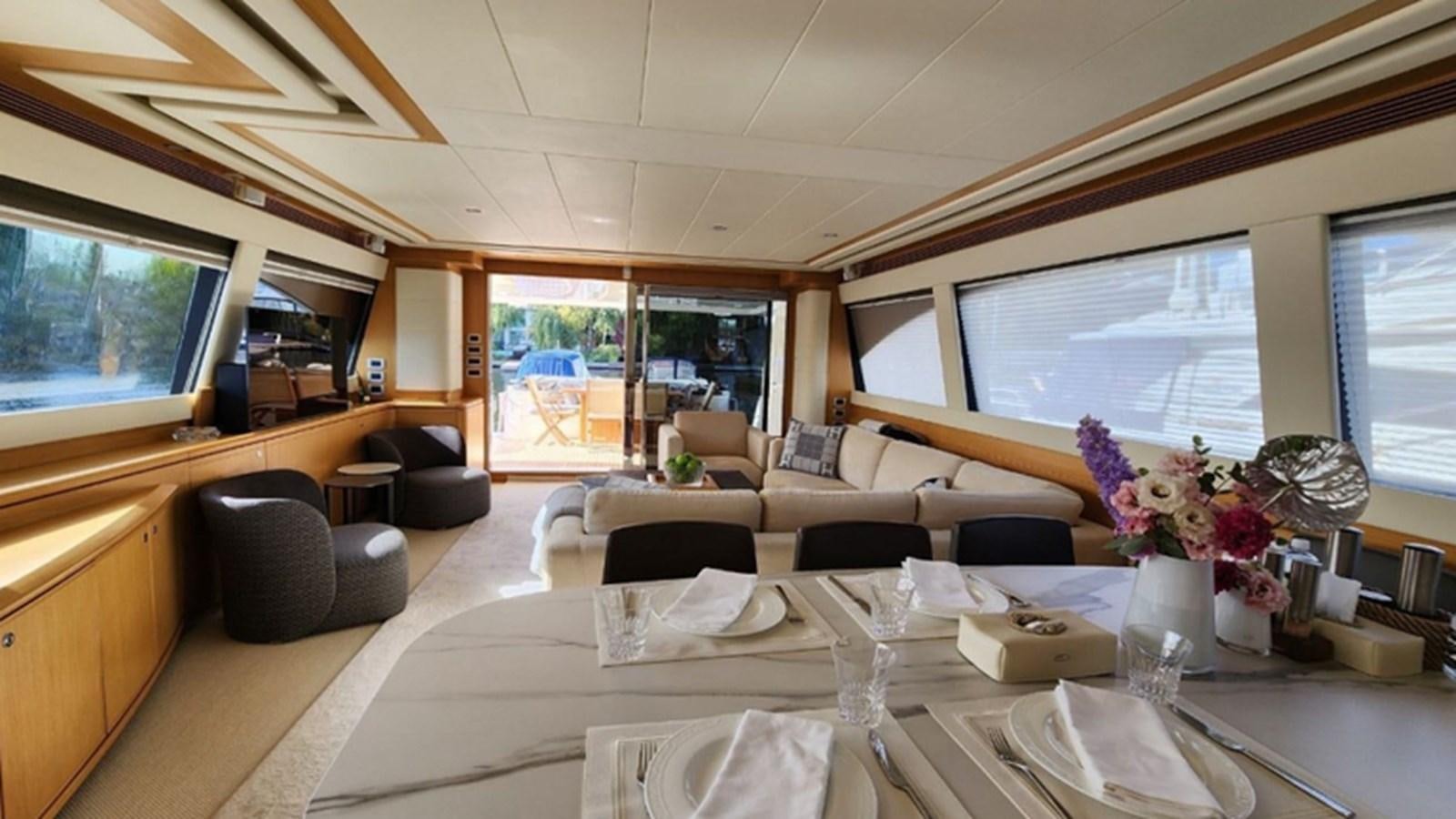 a living room with a large screen aboard FERRETTI 870 Yacht for Sale