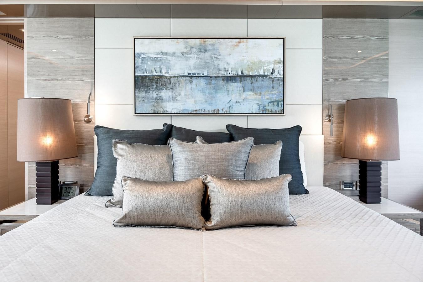 a bed with pillows aboard JUST A VACATION Yacht for Sale