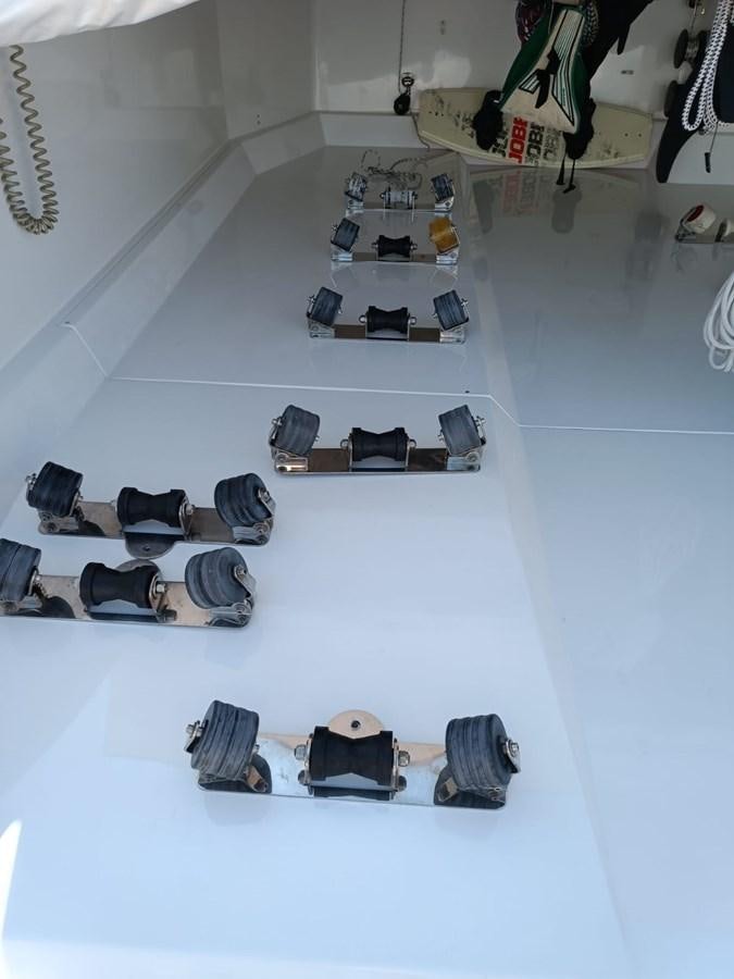a group of luggage sits on the floor aboard BELLA MIA Yacht for Sale