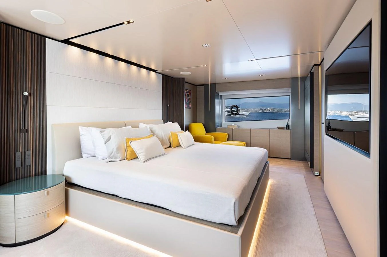 a large bedroom with a bed aboard HAIAMI I Yacht for Sale