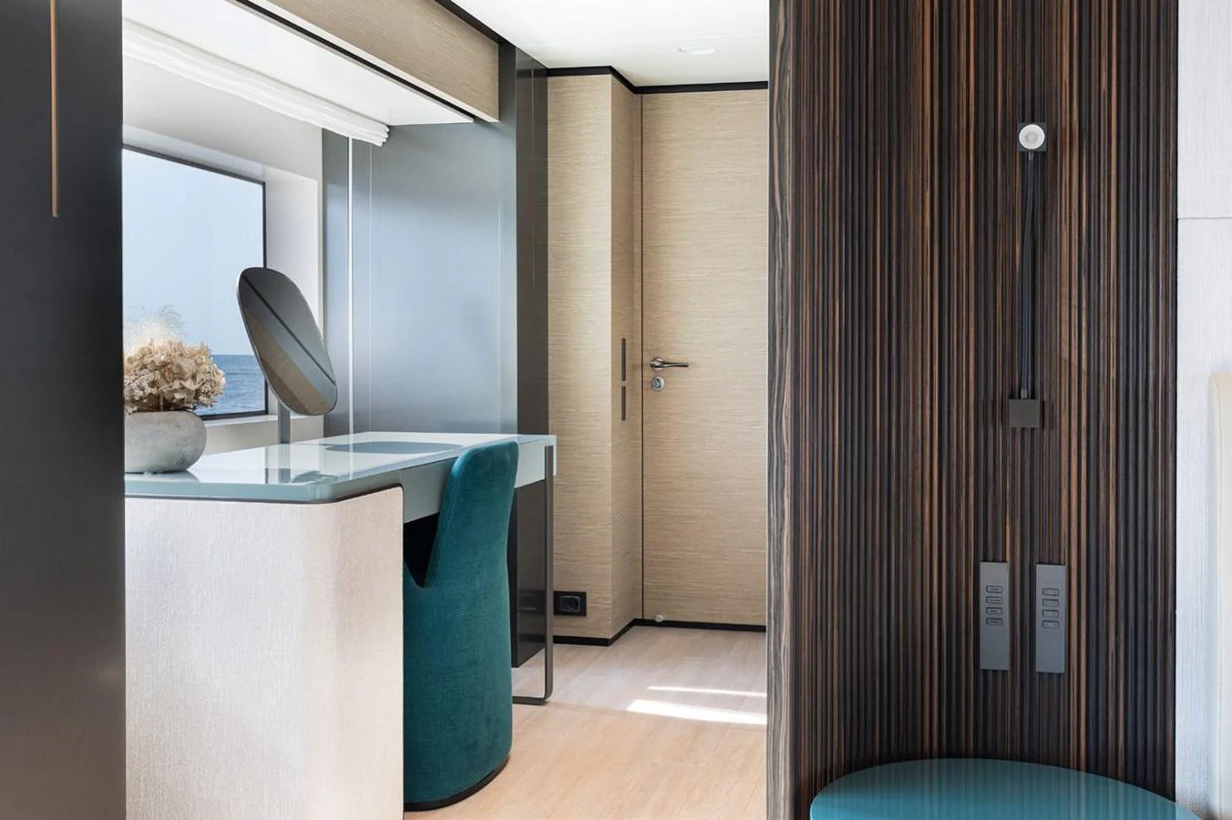 a room with a table and chairs aboard HAIAMI I Yacht for Sale