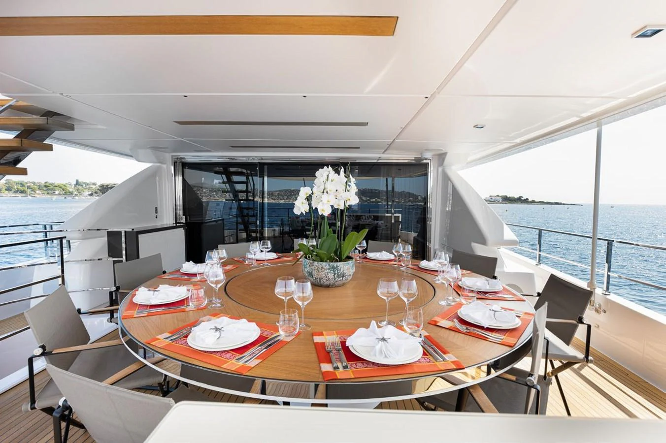 a table set for a meal aboard HAIAMI I Yacht for Sale