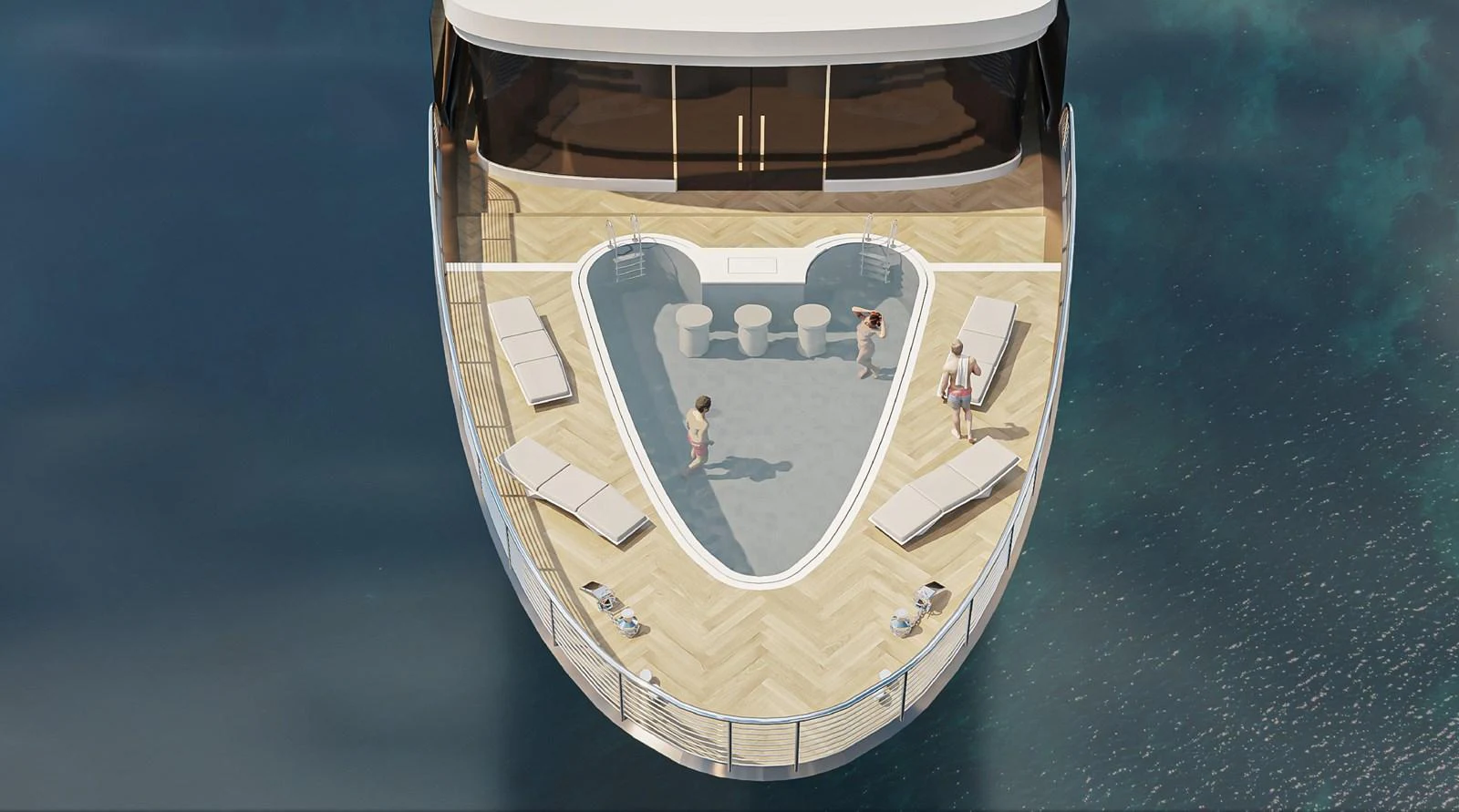 The sundeck features a luxurious lounging area with sunbeds and a central pool, perfect for relaxation. aboard JASMINE Yacht for Sale