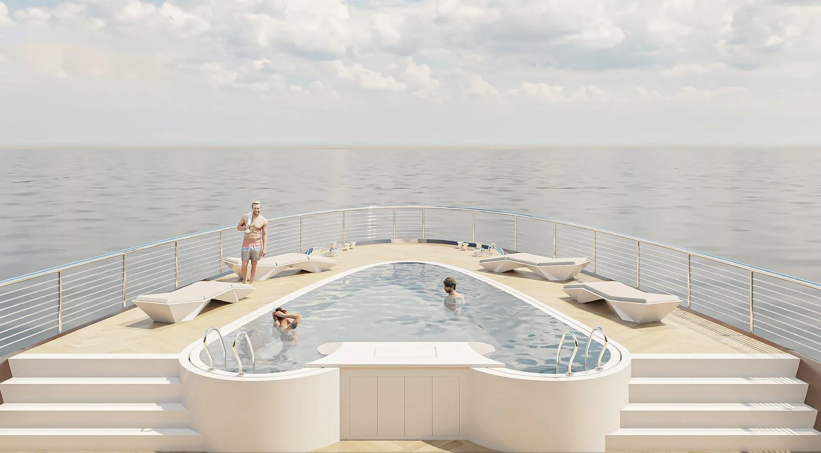 The sundeck features a luxurious pool surrounded by comfortable loungers, offering a serene ocean view. aboard JASMINE Yacht for Sale