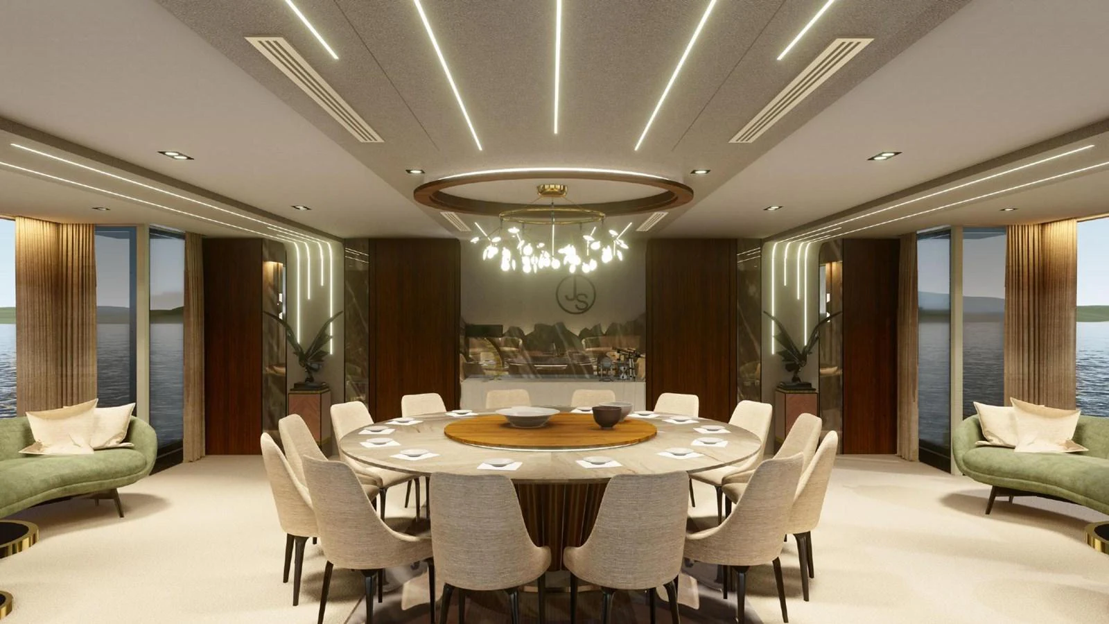 The yacht's dining area features a large round table surrounded by elegant chairs, with modern lighting and panoramic windows offering stunning views. aboard JASMINE Yacht for Sale