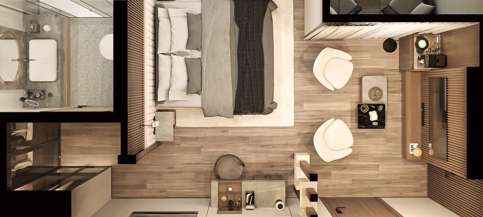 The master stateroom features a luxurious bed, seating area, and en-suite bathroom with elegant decor. aboard JASMINE Yacht for Sale