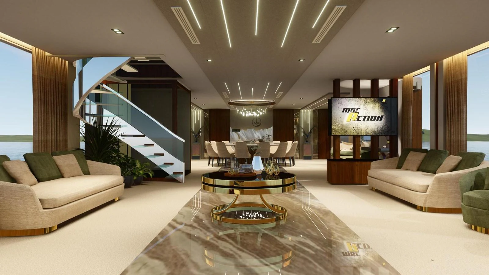 The luxurious salon features elegant seating, a sophisticated dining area, and modern decor. aboard JASMINE Yacht for Sale