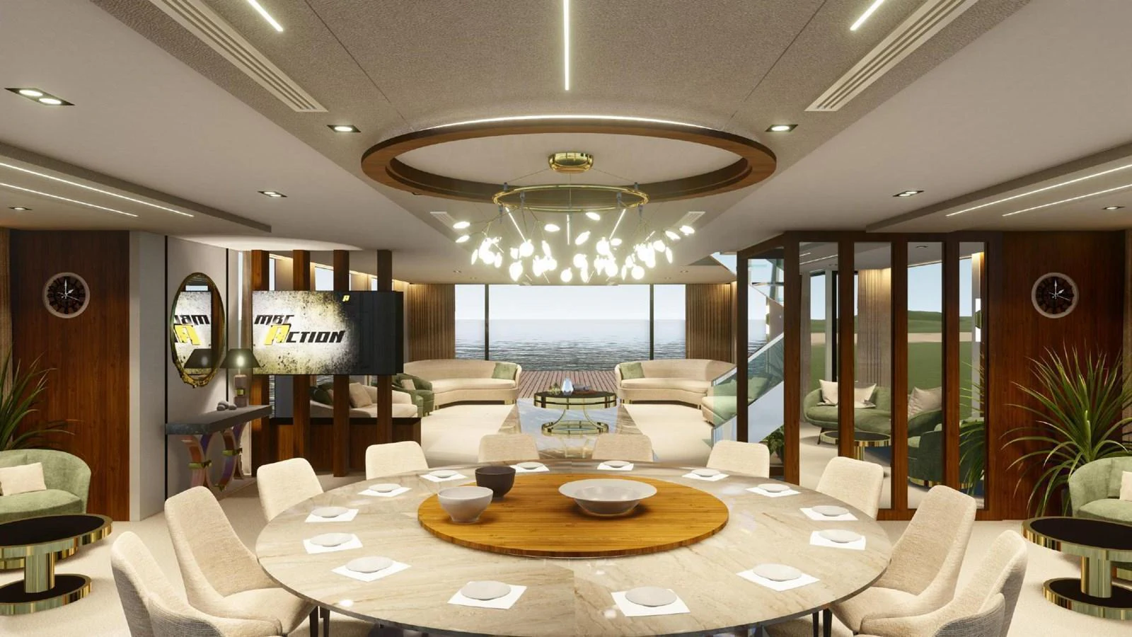 The luxurious dining area features a round table with elegant seating and a modern chandelier. aboard JASMINE Yacht for Sale