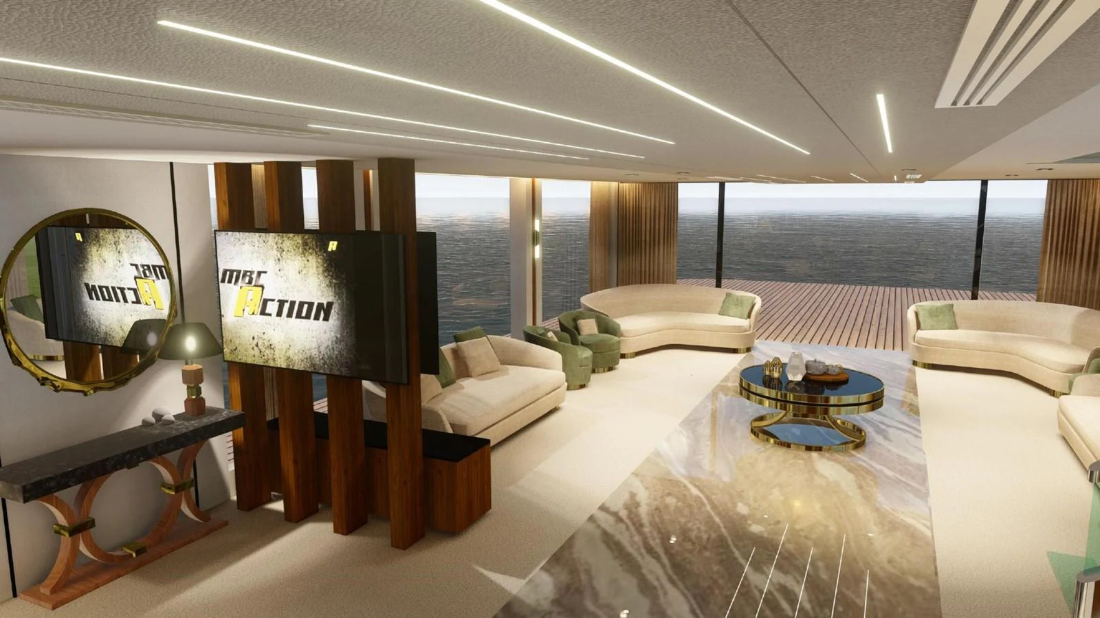 The luxurious salon features elegant seating, a large TV, and expansive ocean views. aboard JASMINE Yacht for Sale