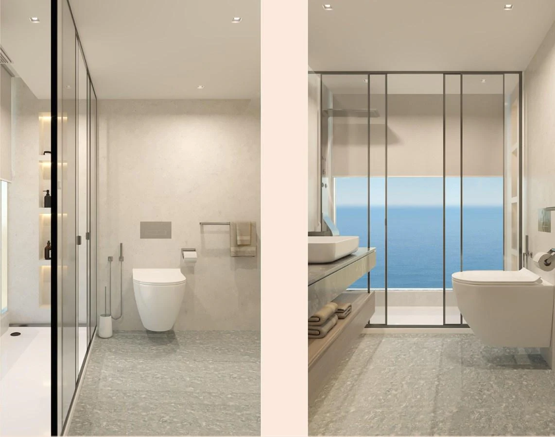 A luxurious yacht bathroom with modern fixtures and a stunning ocean view. aboard JASMINE Yacht for Sale