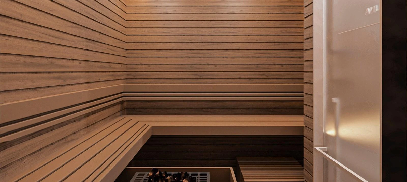 The yacht features a luxurious sauna with wooden benches and a modern design. aboard JASMINE Yacht for Sale