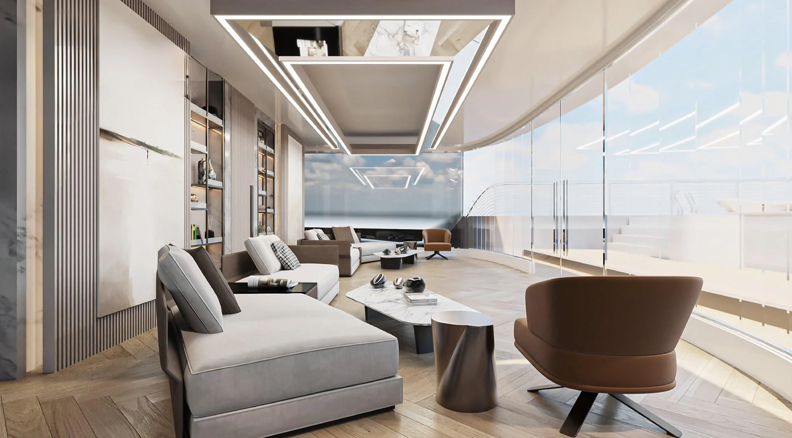 The yacht's interior features a spacious and modern lounge area with ample seating and large windows providing stunning views. aboard JASMINE Yacht for Sale