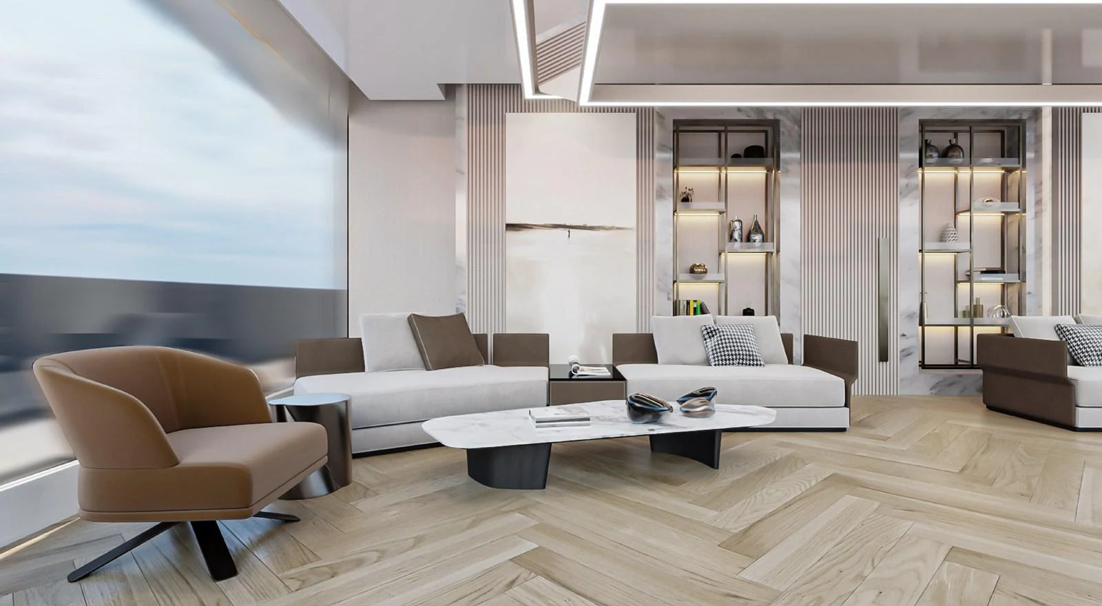 The salon features modern furnishings with a blend of neutral tones and sleek design elements. aboard JASMINE Yacht for Sale