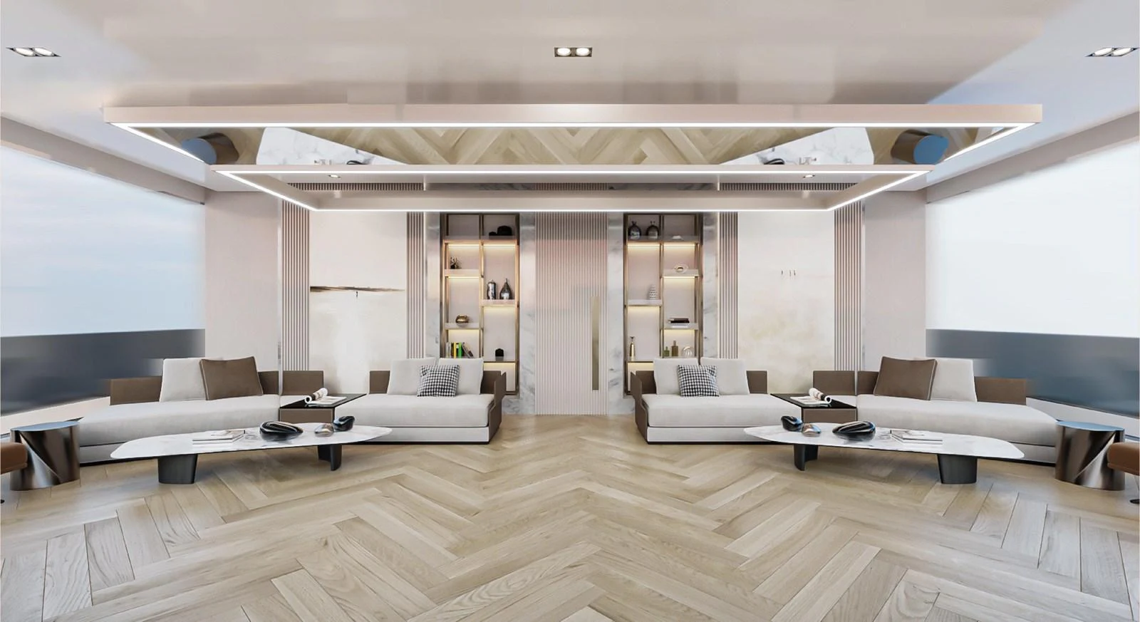 The salon features modern furnishings with ample seating and elegant decor. aboard JASMINE Yacht for Sale