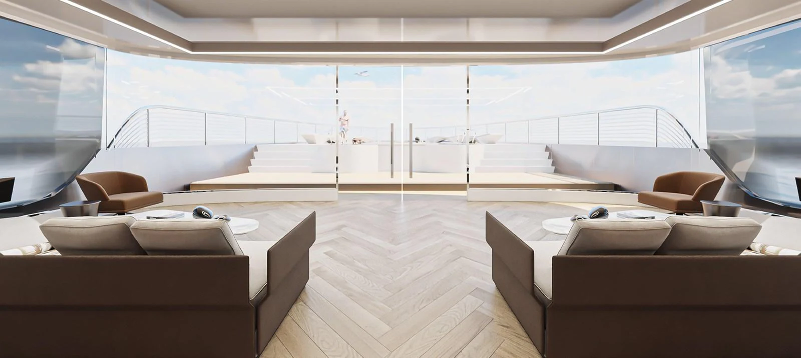 A spacious and modern interior lounge area with large windows offering panoramic views. aboard JASMINE Yacht for Sale