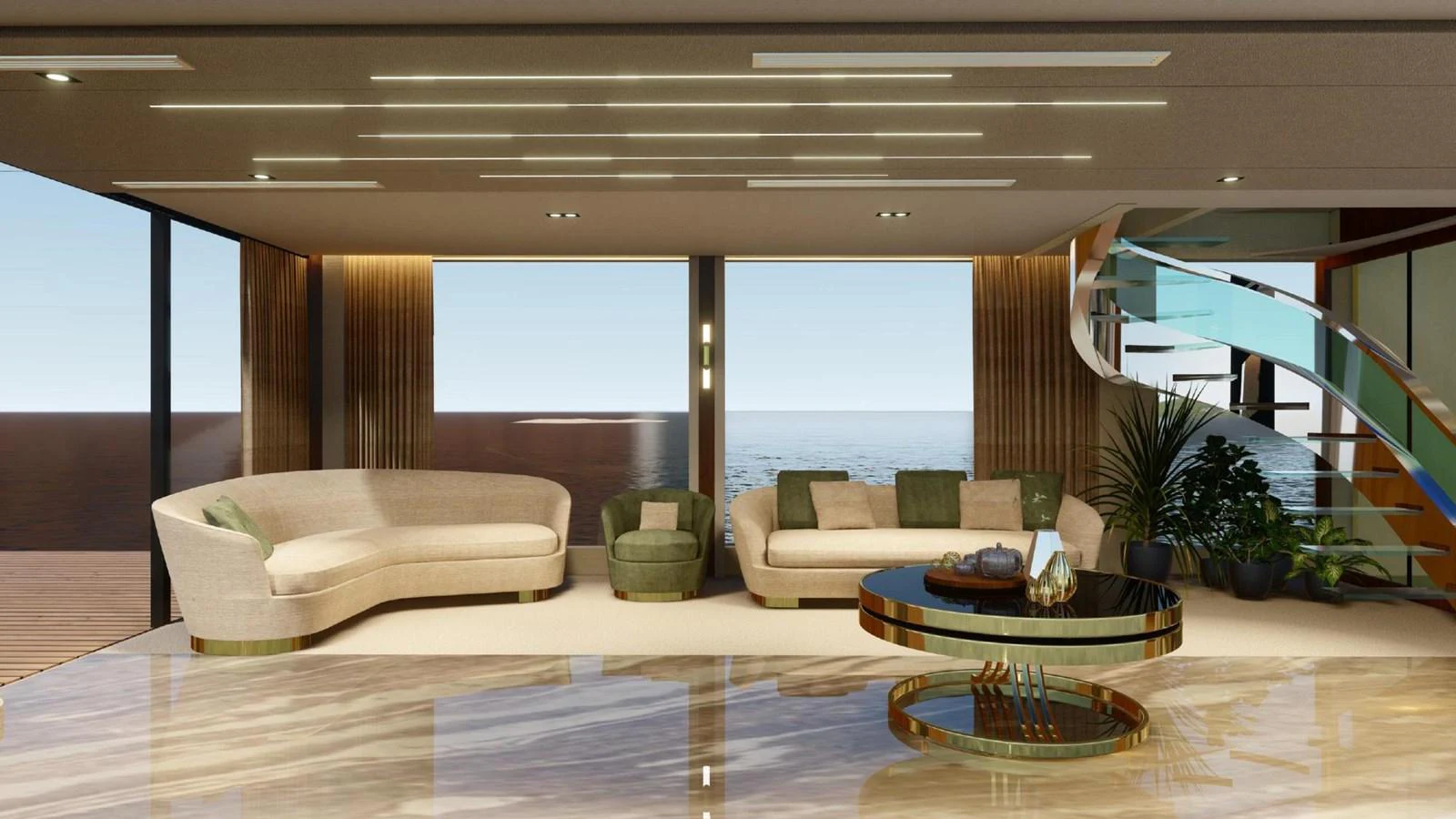The salon features elegant seating with panoramic ocean views and a modern staircase. aboard JASMINE Yacht for Sale