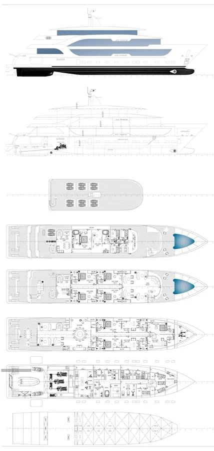 A detailed blueprint and profile view of a multi-deck yacht showcasing its layout and design. aboard JASMINE Yacht for Sale