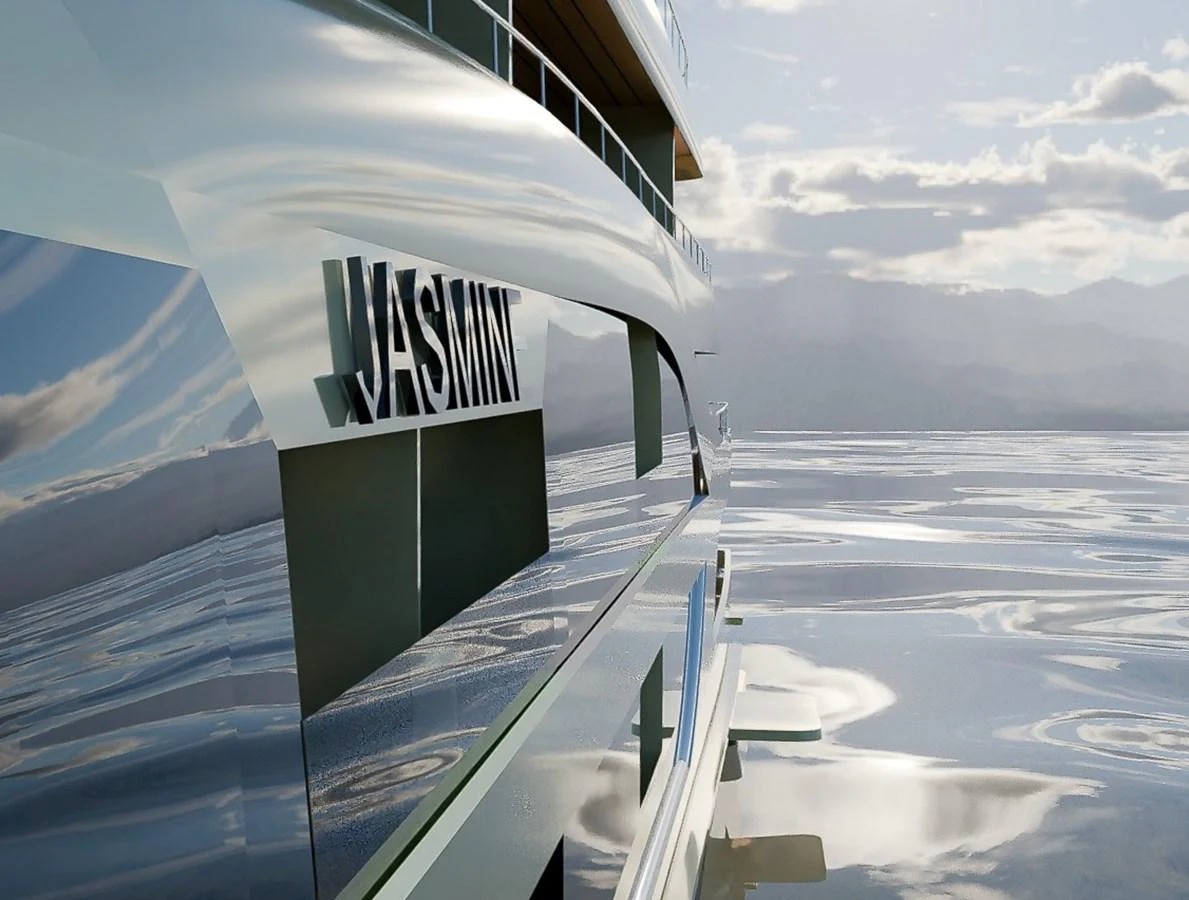 The sleek exterior of the yacht reflects the serene waters and distant mountains. aboard JASMINE Yacht for Sale