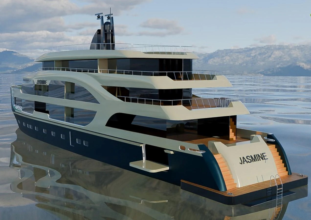 A luxurious yacht glides on calm waters with a sleek, modern design. aboard JASMINE Yacht for Sale