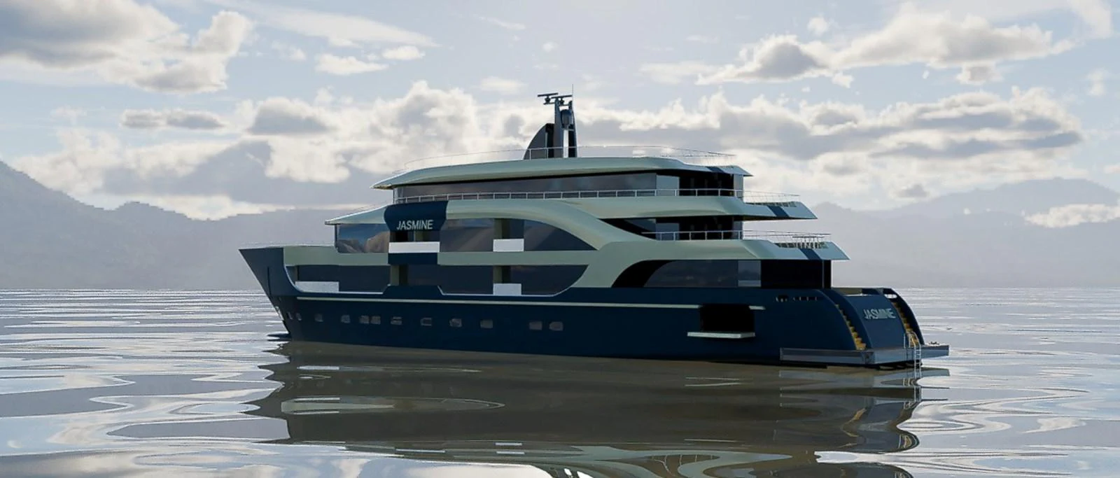 A sleek and modern yacht glides gracefully on calm waters under a partly cloudy sky. aboard JASMINE Yacht for Sale