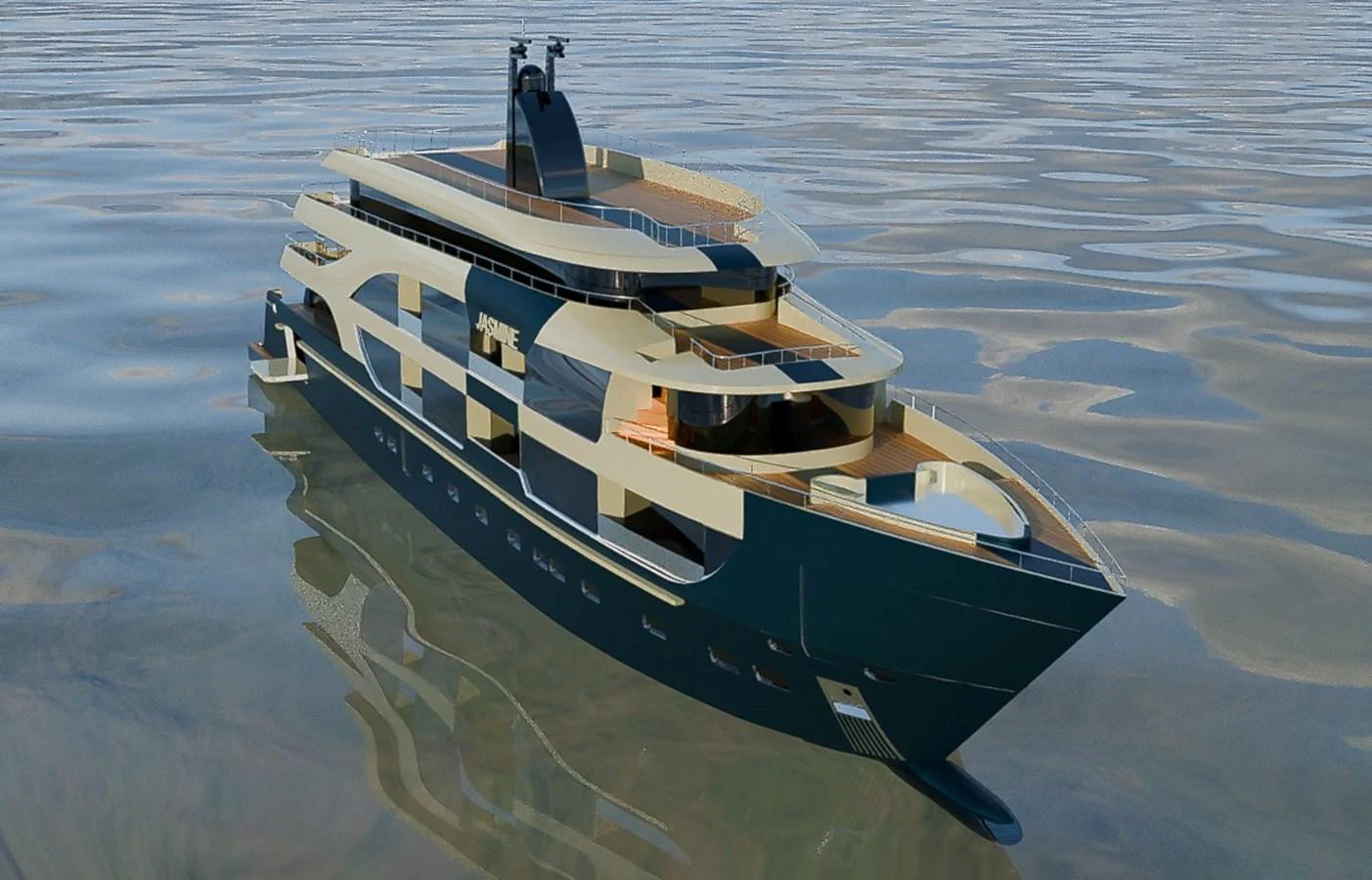 A sleek and modern yacht glides gracefully on calm waters, showcasing its luxurious design. aboard JASMINE Yacht for Sale