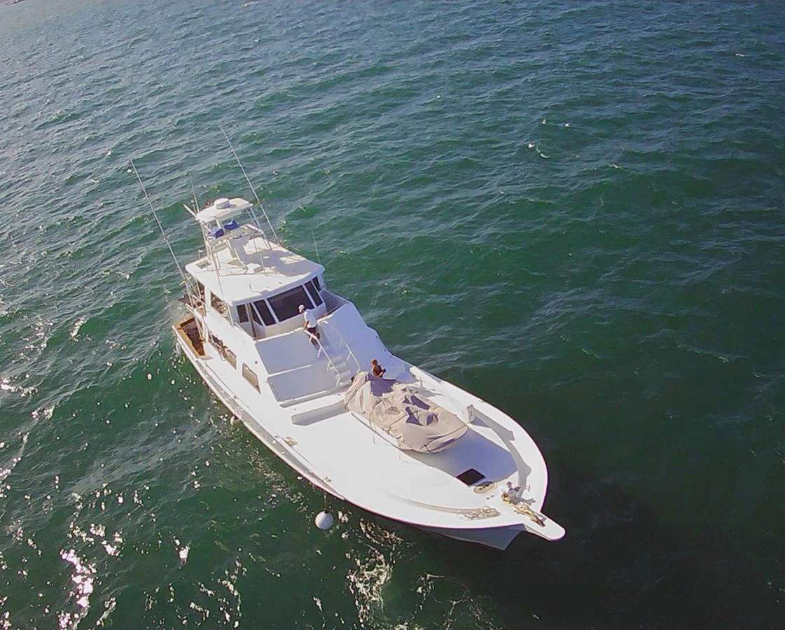 A sleek yacht cruises through the open water, showcasing its elegant design and spacious deck. aboard ADDISYN ANN Yacht for Sale