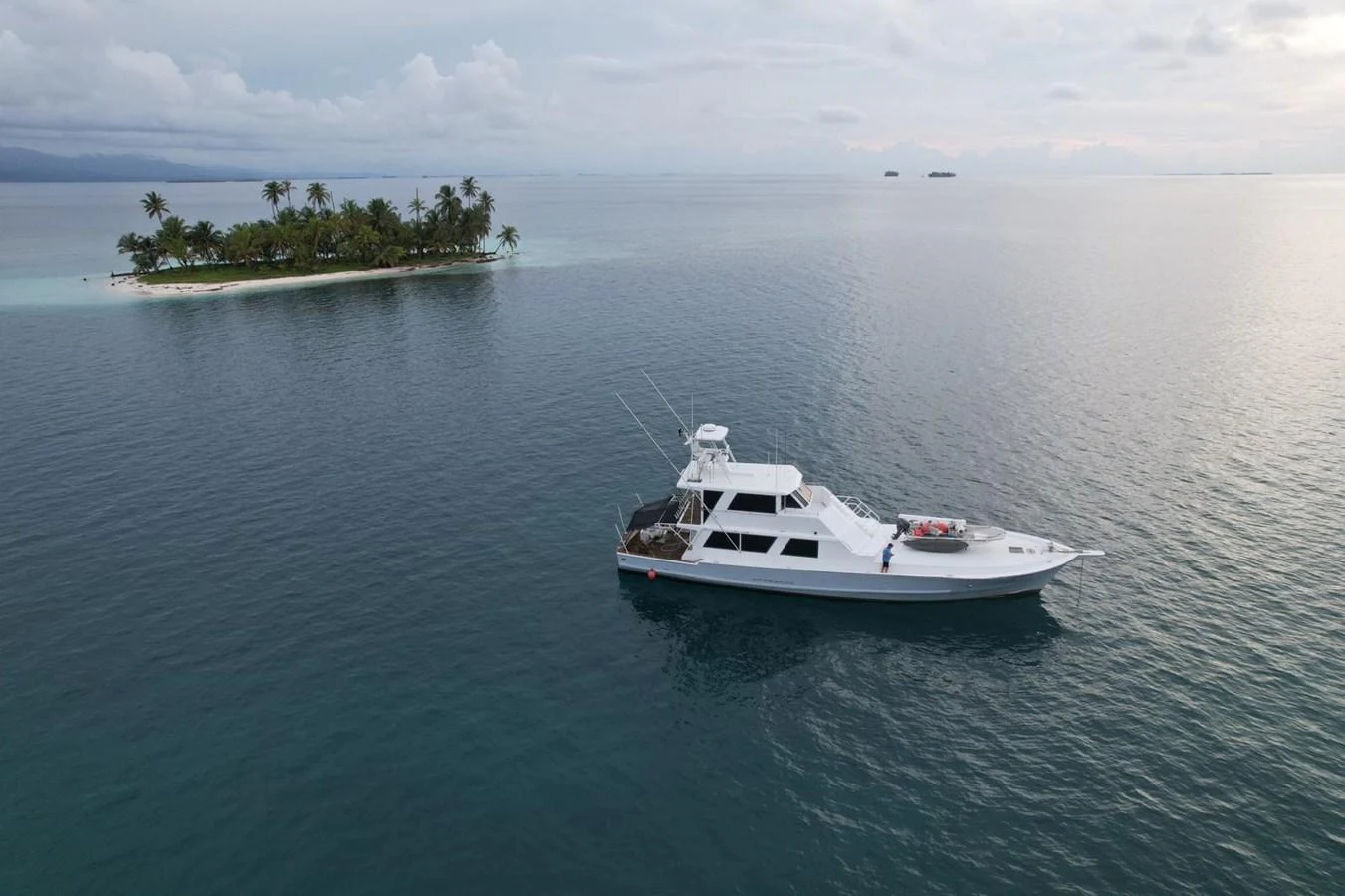 A sleek yacht cruises near a picturesque island, showcasing its elegant design against a serene ocean backdrop. aboard ADDISYN ANN Yacht for Sale