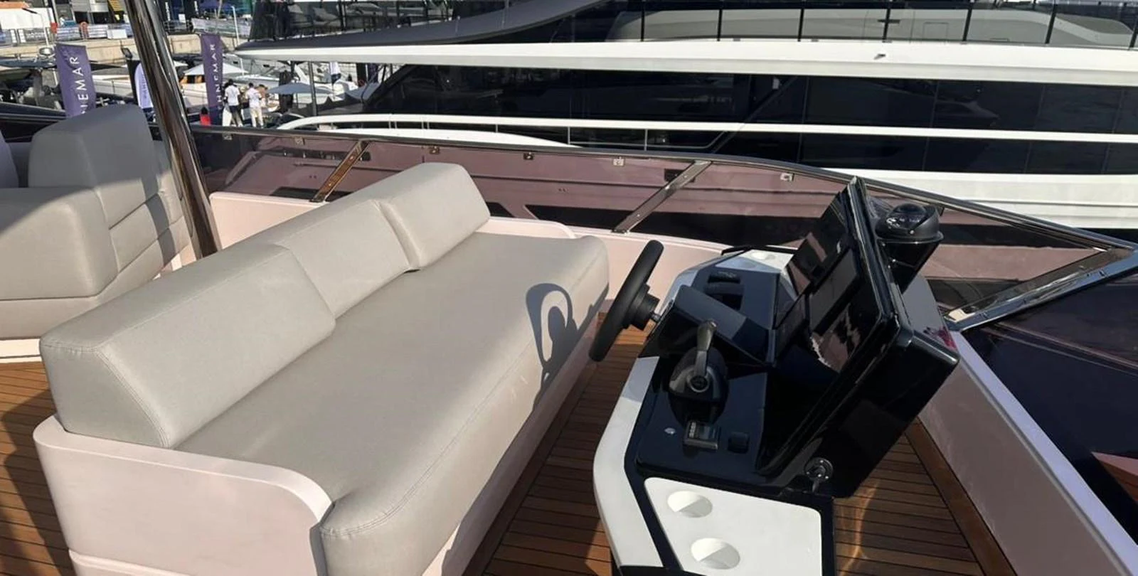 the inside of a car aboard XCEL 70 Yacht for Sale