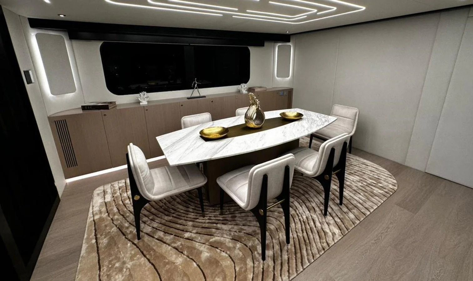 a dining room with a table and chairs aboard XCEL 70 Yacht for Sale