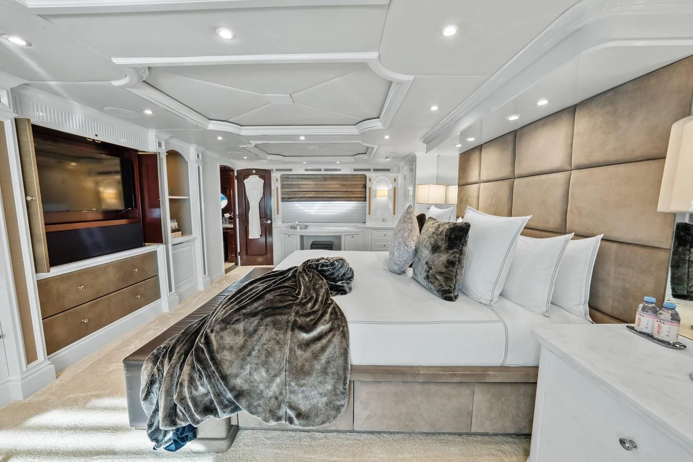 a large bed in a room aboard NICOLE EVELYN Yacht for Sale
