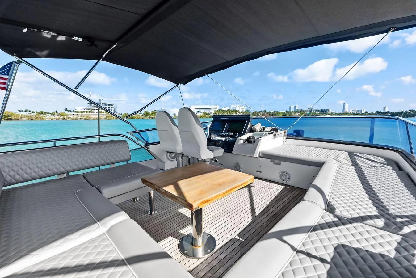 The flybridge offers a spacious and comfortable seating area with a stunning view of the water. aboard PANDA Yacht for Sale