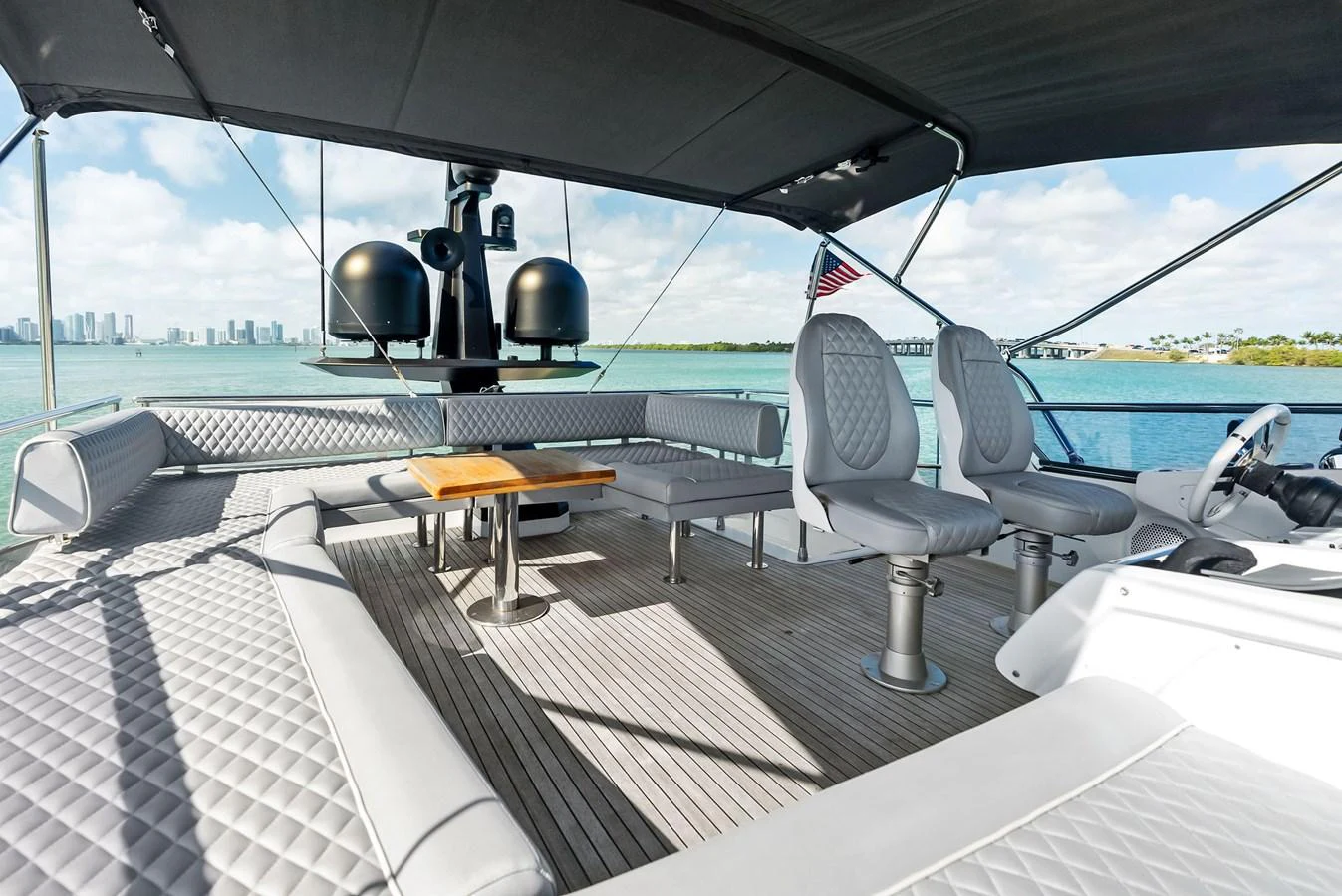 The flybridge offers a spacious and luxurious outdoor seating area with panoramic views. aboard PANDA Yacht for Sale