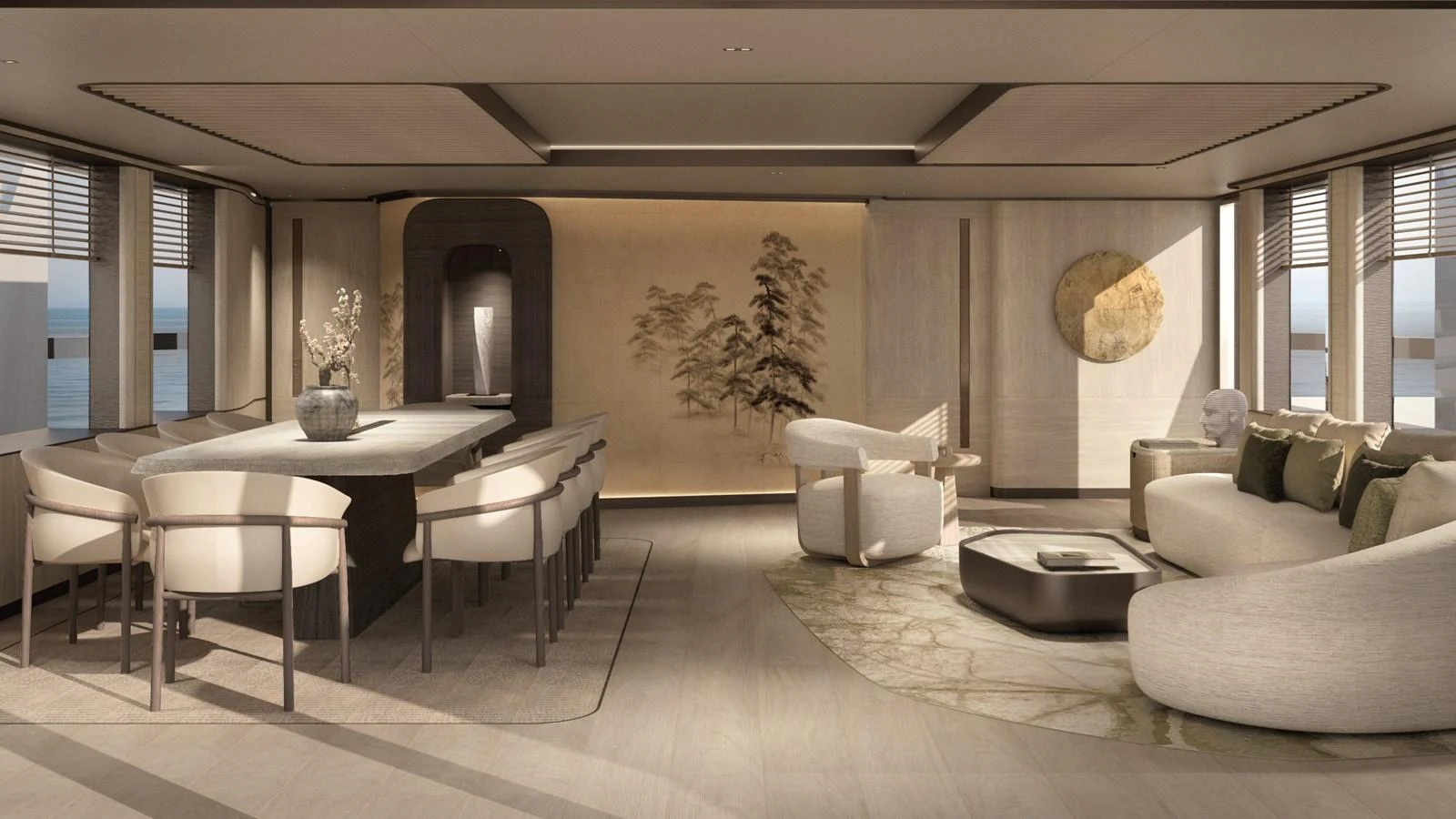 The salon features elegant furnishings and a serene ambiance with a blend of modern and natural elements. aboard BERSERK 47 Yacht for Sale