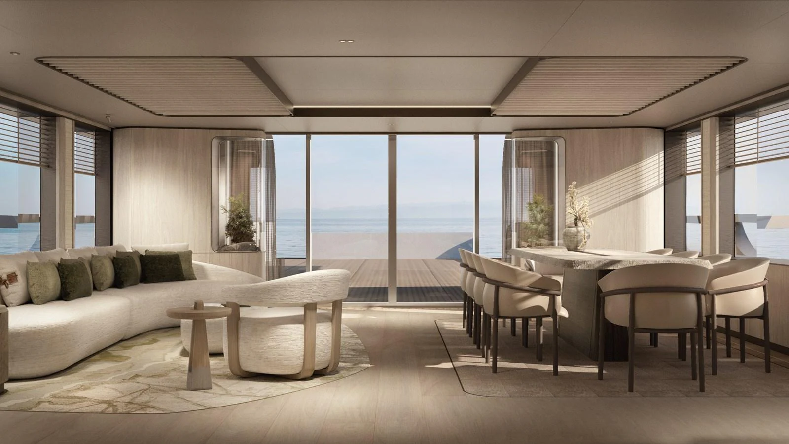 The salon features elegant furnishings with a serene view of the sea through large windows. aboard BERSERK 47 Yacht for Sale