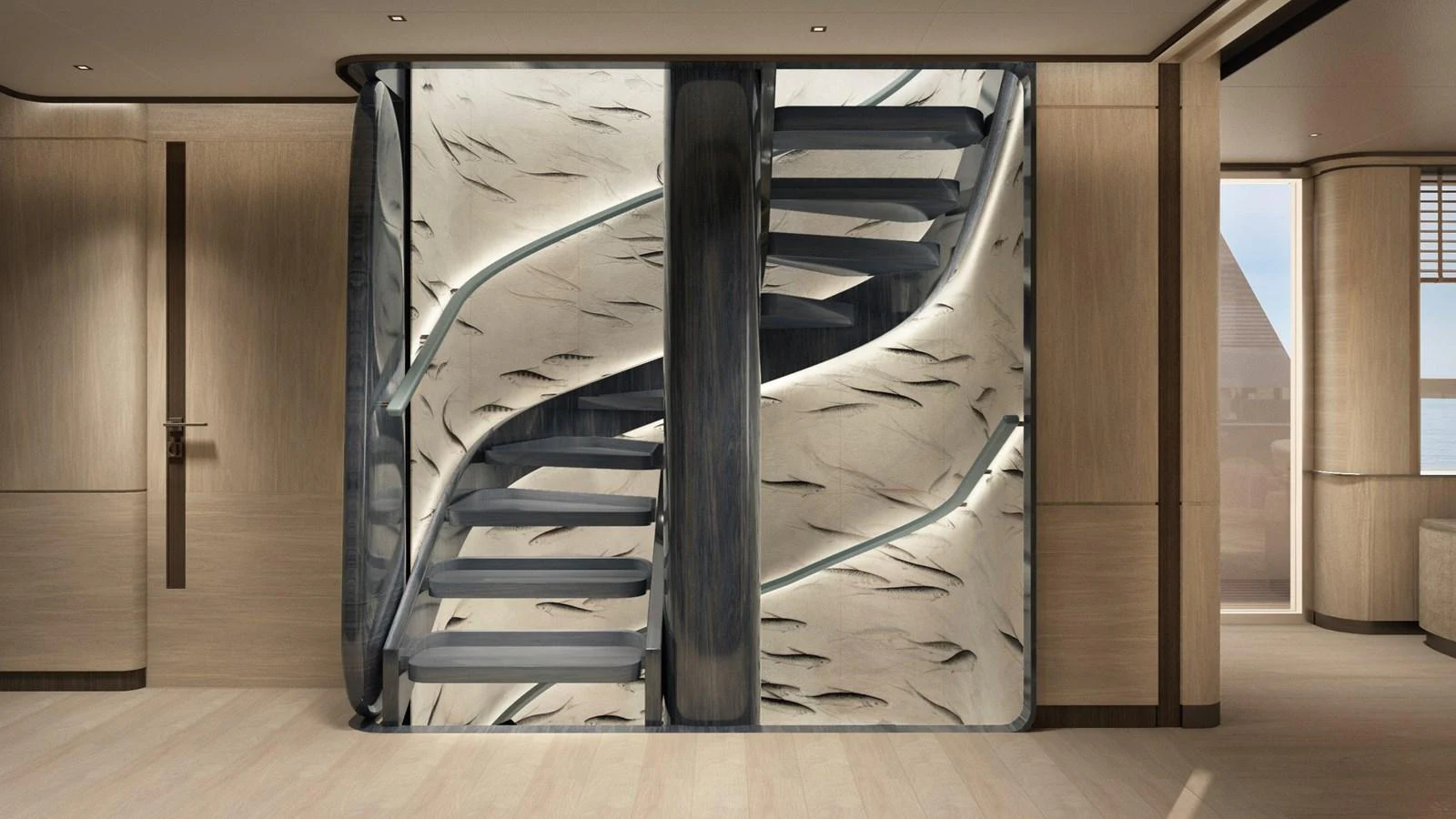 A stunning modern staircase with sleek, artistic design elements graces the yacht's interior. aboard BERSERK 47 Yacht for Sale