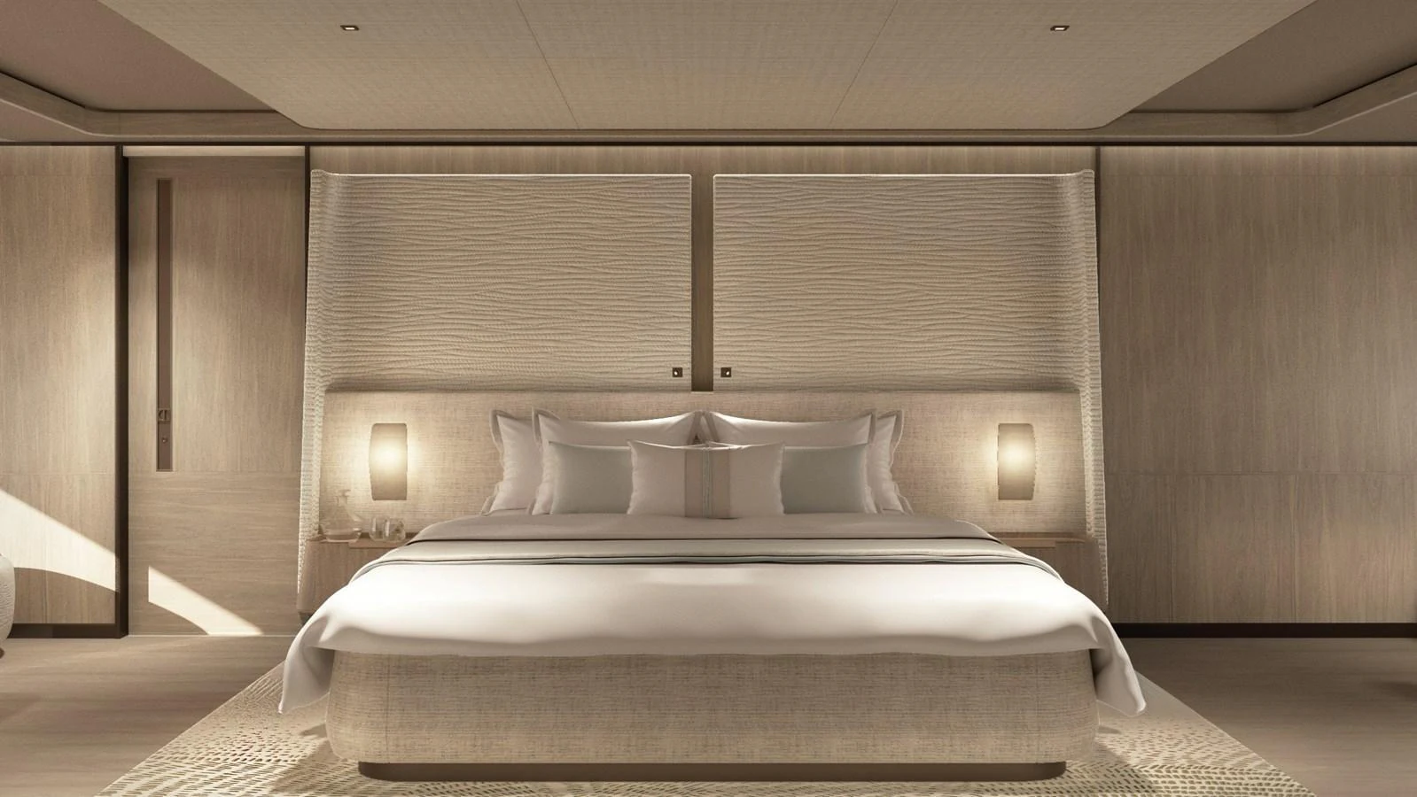 The master stateroom features a luxurious bed with elegant lighting and modern decor. aboard BERSERK 47 Yacht for Sale