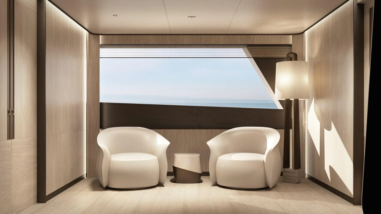 A serene interior lounge area with modern seating and a large window offering a sea view. aboard BERSERK 47 Yacht for Sale