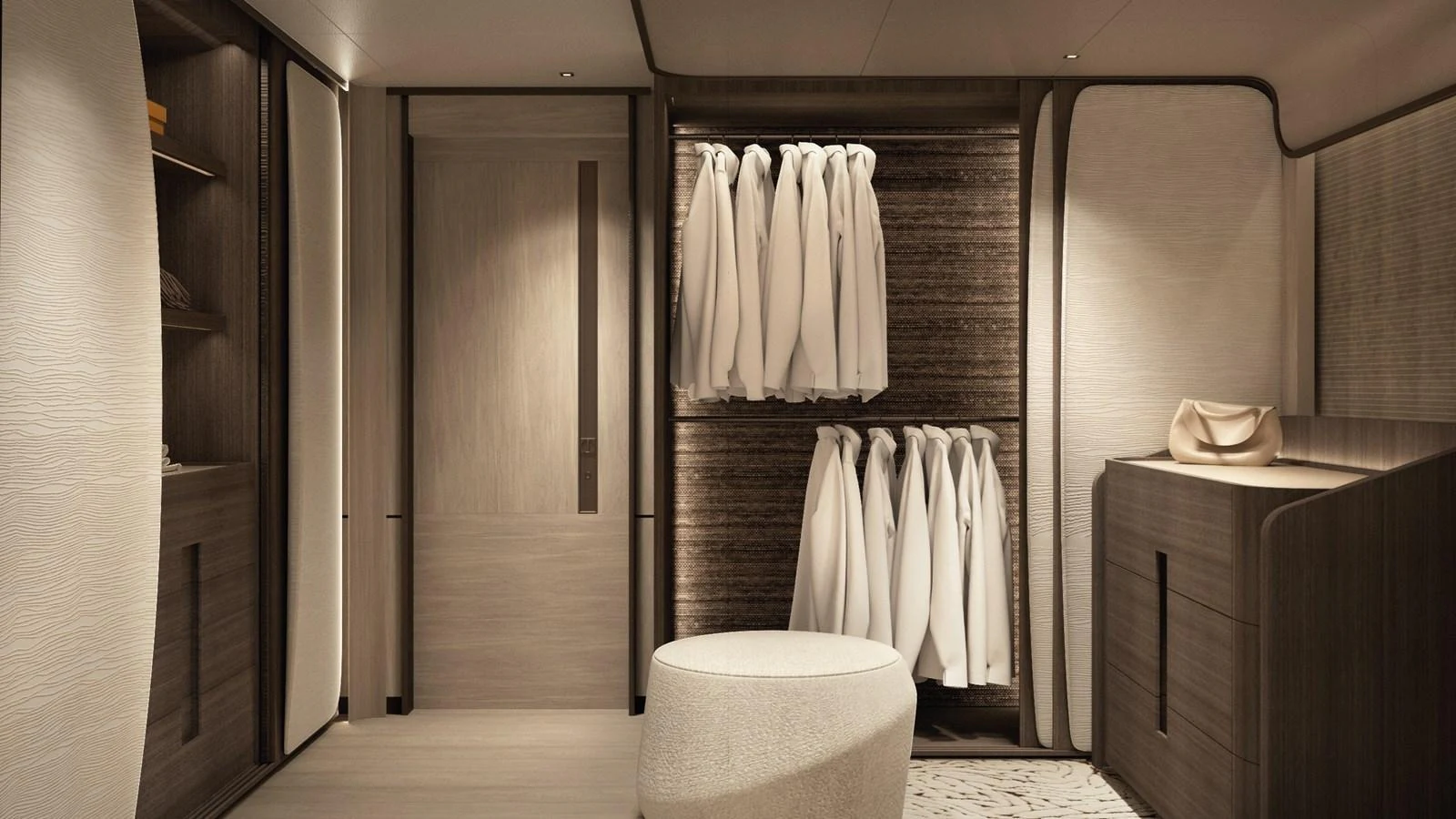 This image showcases a luxurious yacht closet with ample storage space and elegant design. aboard BERSERK 47 Yacht for Sale