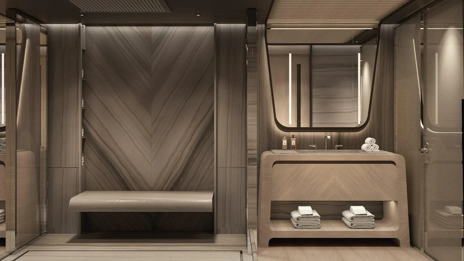 The yacht's bathroom features a sleek, modern design with luxurious finishes and ample storage. aboard BERSERK 47 Yacht for Sale
