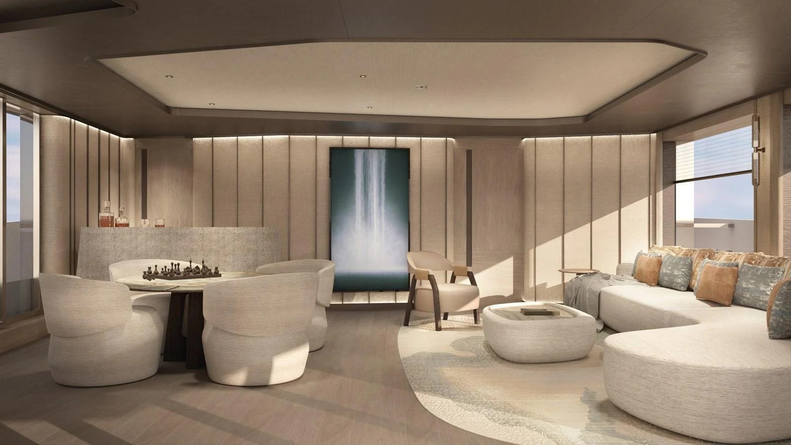 The salon features a modern, elegant design with ample seating and a serene ambiance. aboard BERSERK 47 Yacht for Sale