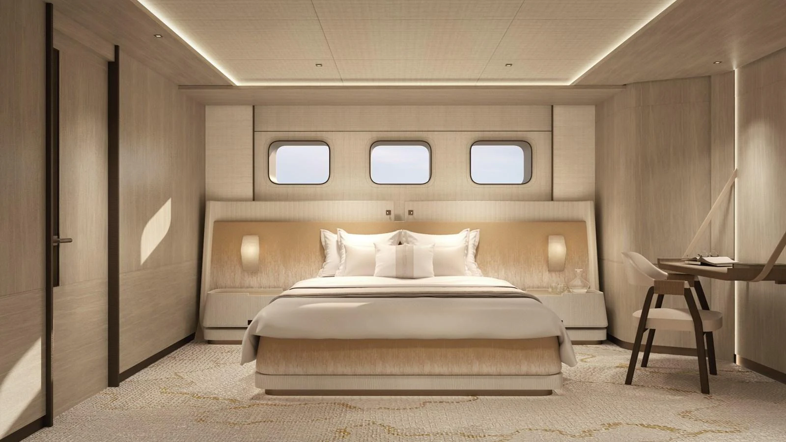 The master stateroom features a luxurious bed with elegant lighting and a serene ambiance. aboard BERSERK 47 Yacht for Sale